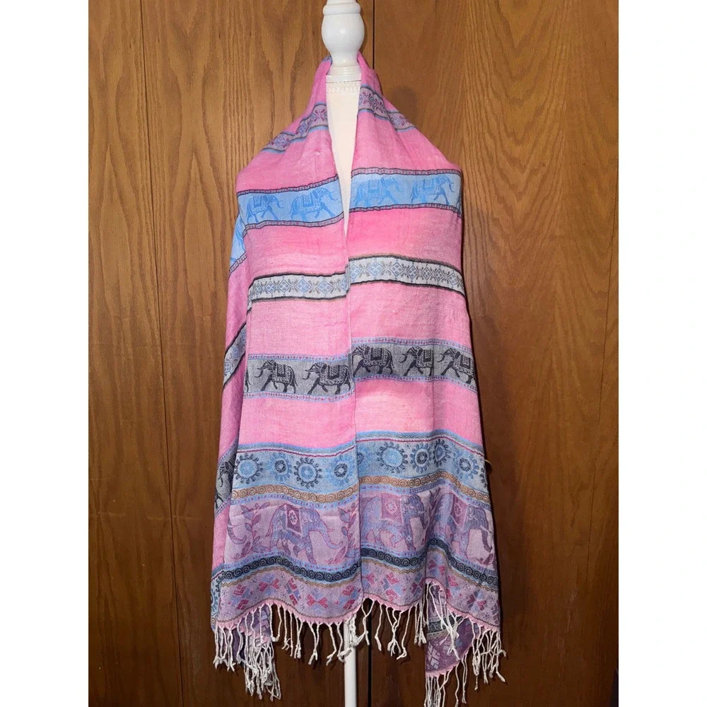 PASYMINA 100% Cashmere Pink Elephant Jacquard Fringe Pashmina Shawl Wrap Scarf